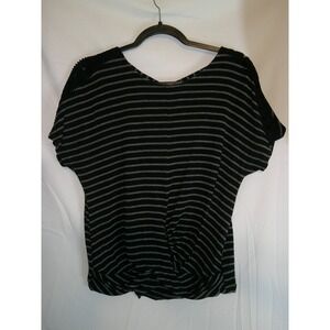 IZ Byer Black Striped Knit Top Dolman Short Sleeves Crisscross Back Medium‎